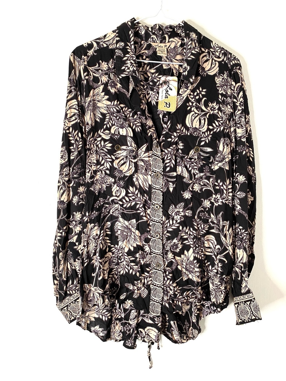 Lola P NWT Floral Mini Dress Tie Back Long Sleeve Boho Rayon